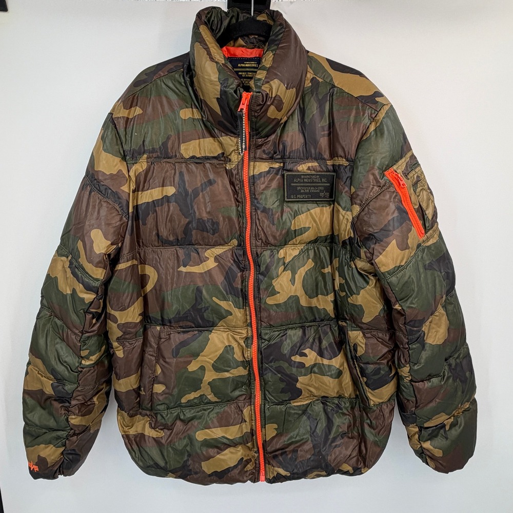Alpha Industries Camo Puffer Jacket Mens 2XL Down Fill Woodland Orange Zip